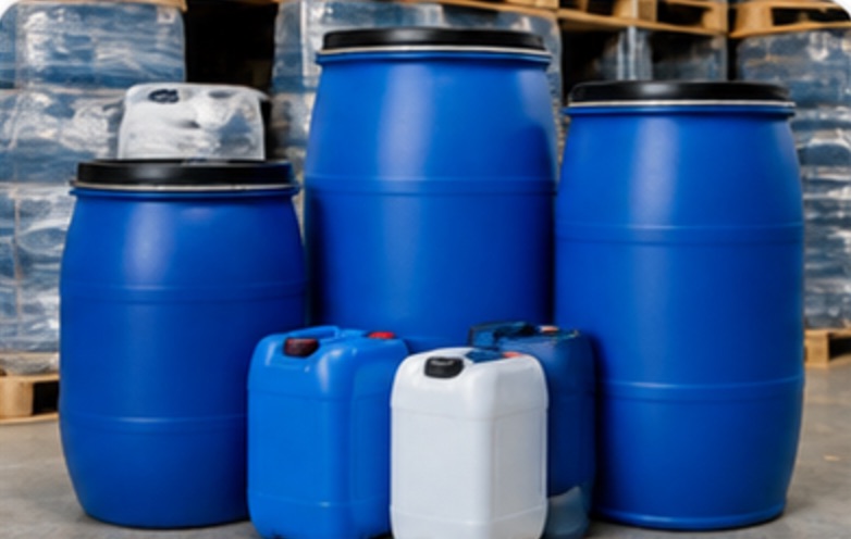Drum plastik biru industri di gudang