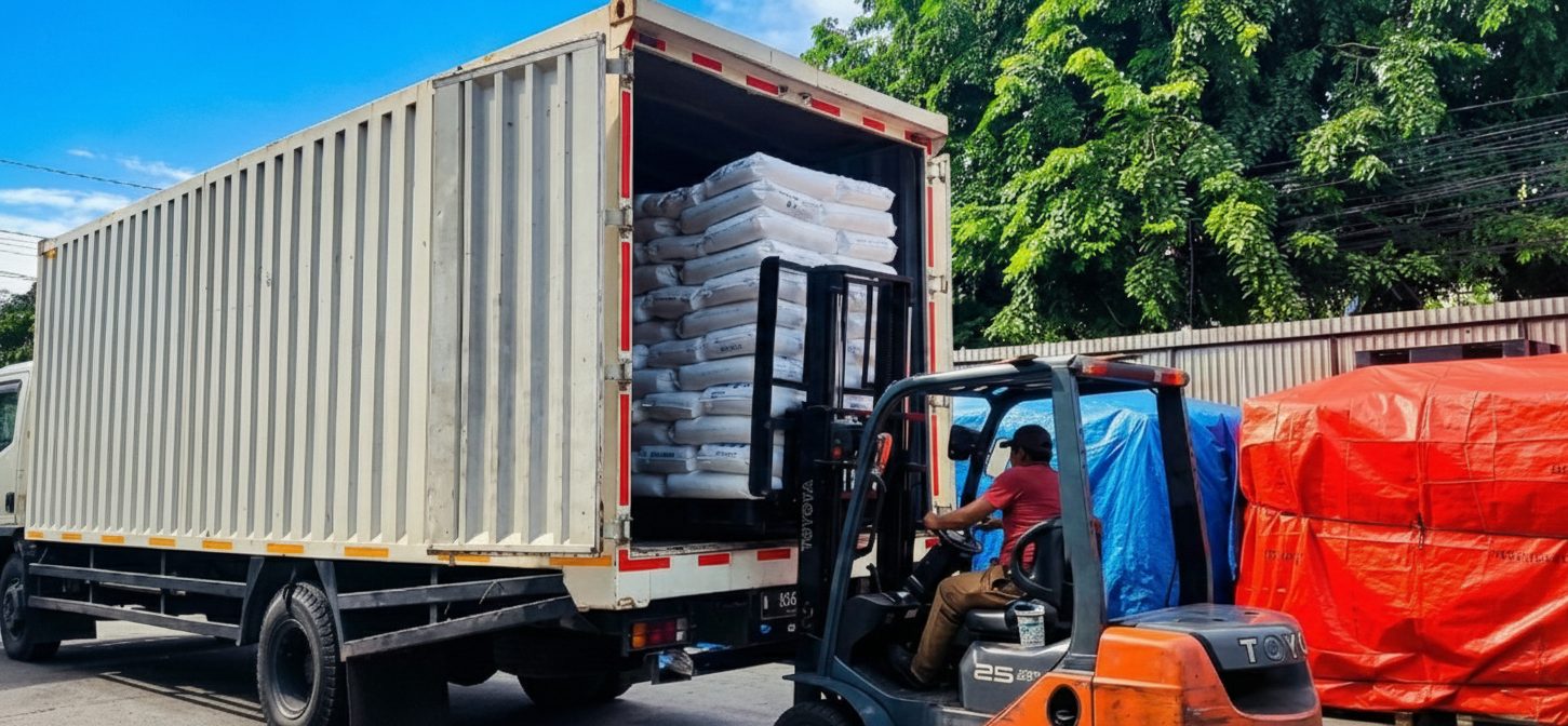 Muat resin ke truk dengan forklift